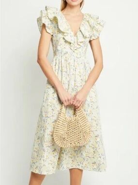 O.P.T. Womans Floral Kate‎ Ruffle Light Yellow Floral Ruffle Midi Dress XS